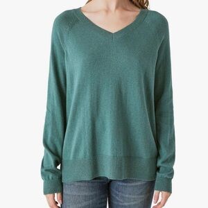 Lucky Brand Women's V-Neck Sweater, Long Sleeves, Cotton Blend, sea pine green L